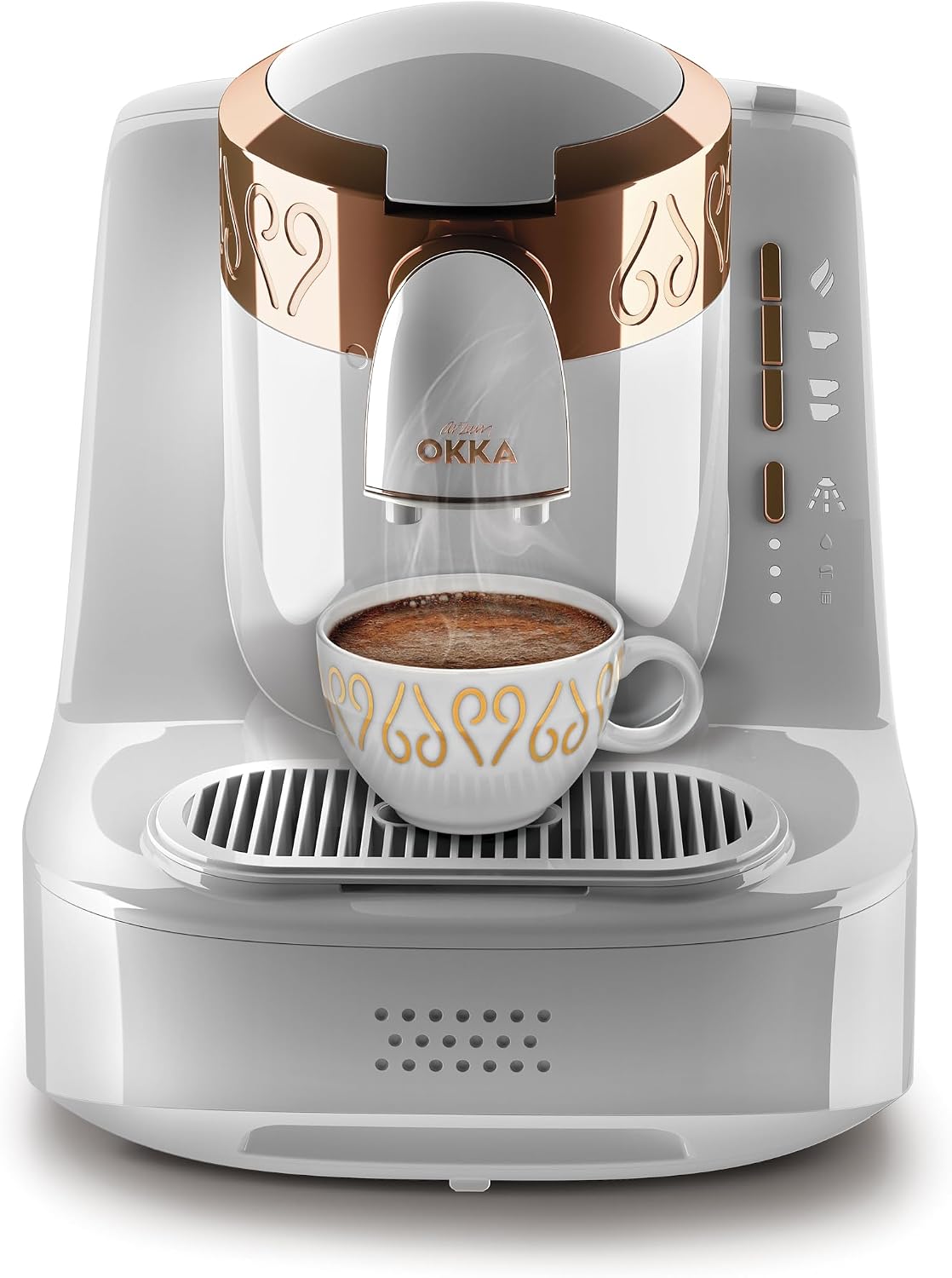 Arzum Okka Kaffeemaschine, Weiß/Bronze, Türkischer, Vollautomatisch, 3 Tassen Größen, Selbstreinigungsfunktion