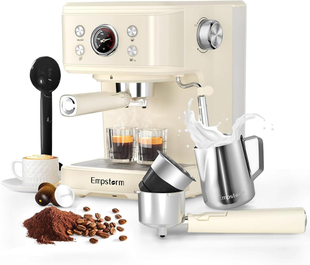 Empstorm Milchaufschäumer, Creme, Milchkaffeemaschine 20 Stangen, professionelle 3-in-1 Cappuccino-Maschine mit E.S.E-Kapsel