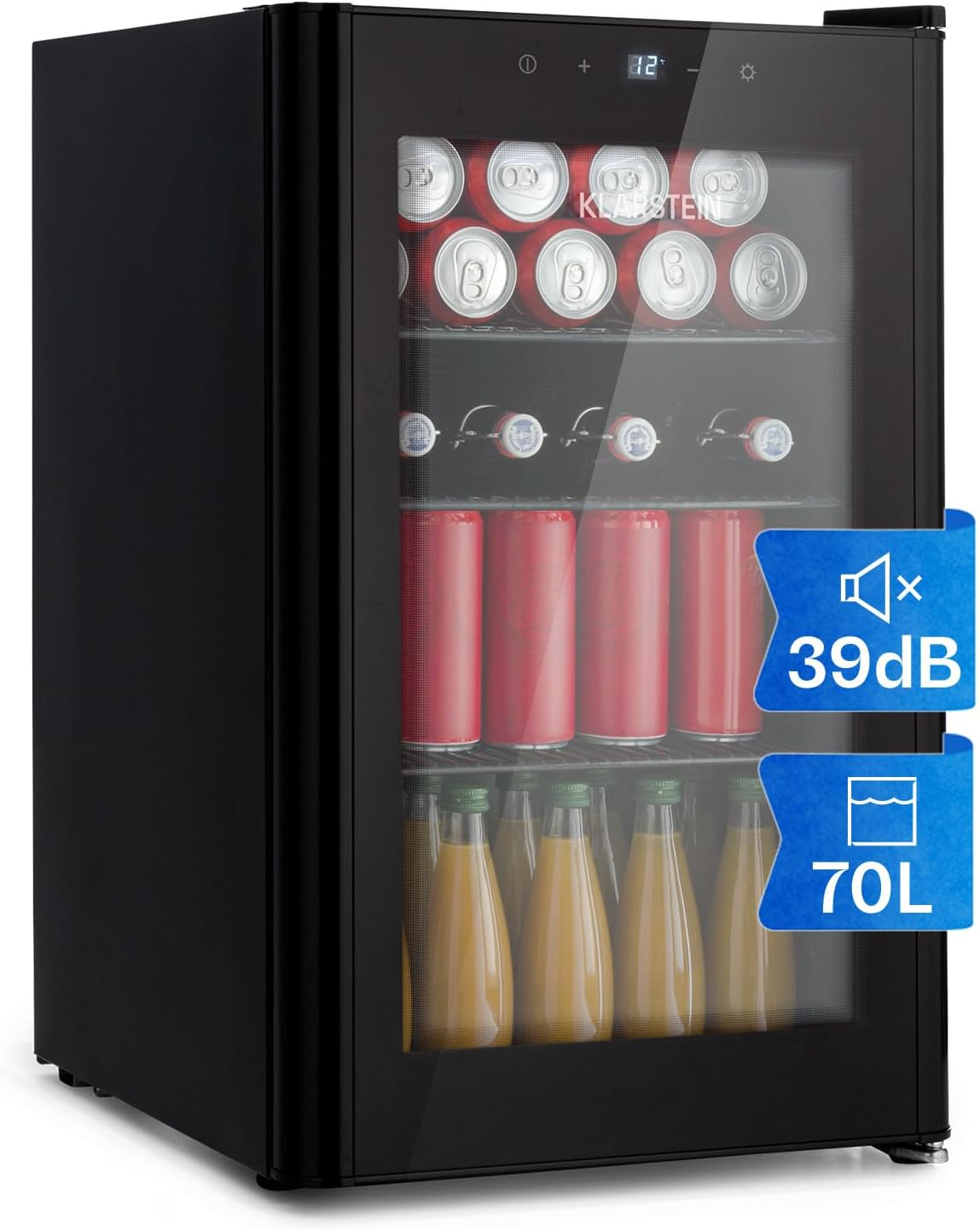 Klarstein Mini-Kühlschrank, 70 L, Schwarz, Mini Kühlschrank mit Glastür & LED, für Zimmer, Getränkekühlschrank Klein mit Herausnehmbaren 3 Ablagen