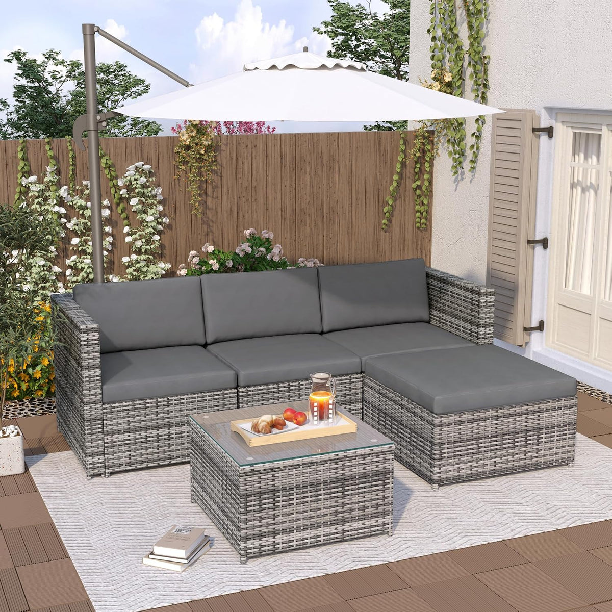 Gxffipw Sofa, Grau, Gartenmöbel Set Terrassenmöbel für 3-4 Personen, Eck Balkonmöbel Outdoor Set Lounge Gartenmöbel mit Sitz