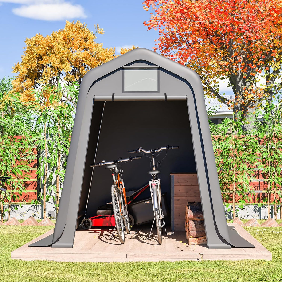 dowowdo Gerätehaus, 245x183x217 cm, Grau, Aufbewahrungsschuppen, mit Wasserdichtem PE-Material & Rollos, Windfester Fahrradunterstand oder Carport