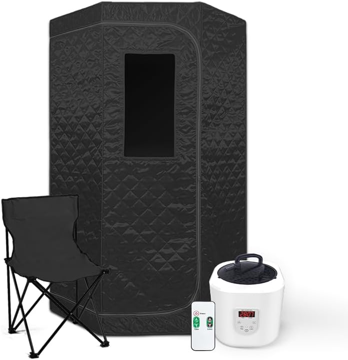 Sanotechnik Powerstation, 90x90x190 cm, Schwarz/Weiß, Tragbare Dampfsauna mit Campingstuhl, Digitaler Fernbedienung