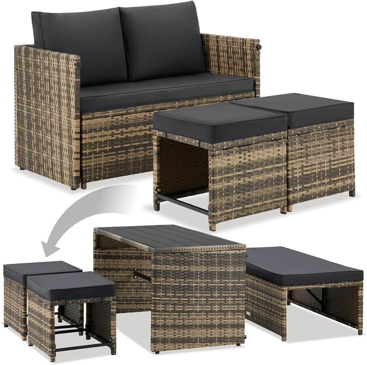TecTake Sofa, pulverbeschichteter Stahl, Polyethylen, 100 % Polyester, Polypropylen, Edelstahl, Braun/Schwarz