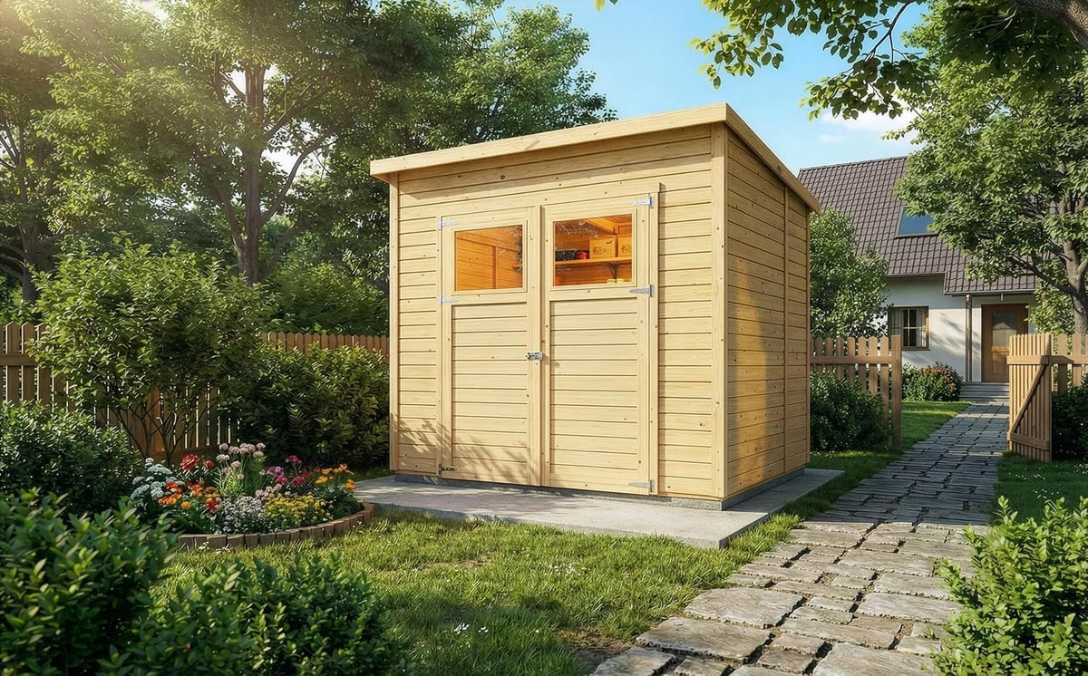 Gerätehaus Alpholz, 251x199 cm, 14 mm, Holz, Mollie Fichten Wandstärke Pultdach haus mit Montagematerial