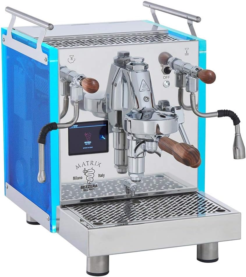 Bezzera Kaffeemaschine, Blau/Silber/Holz, Matrix Top MN Espressomaschine mit Rotationspumpe, Touch Display, LED Panel und Temperatursteuerung