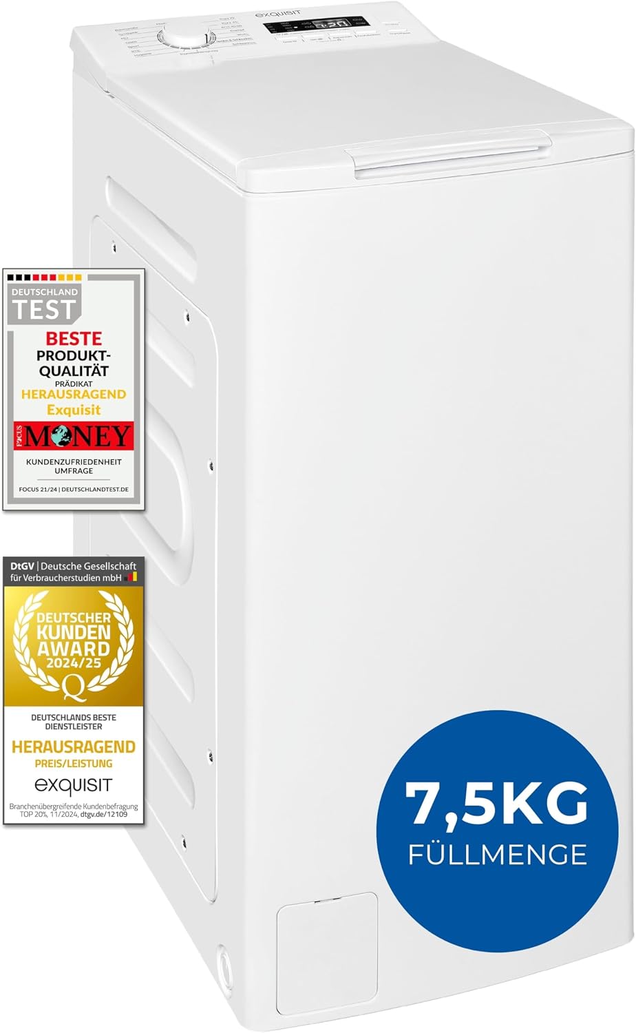 Exquisit Waschmaschine, 7,5 kg, 78 dB, weiß, Toplader, Kapazität, Energieklasse A, 1200 U/Min, schmale Bauform