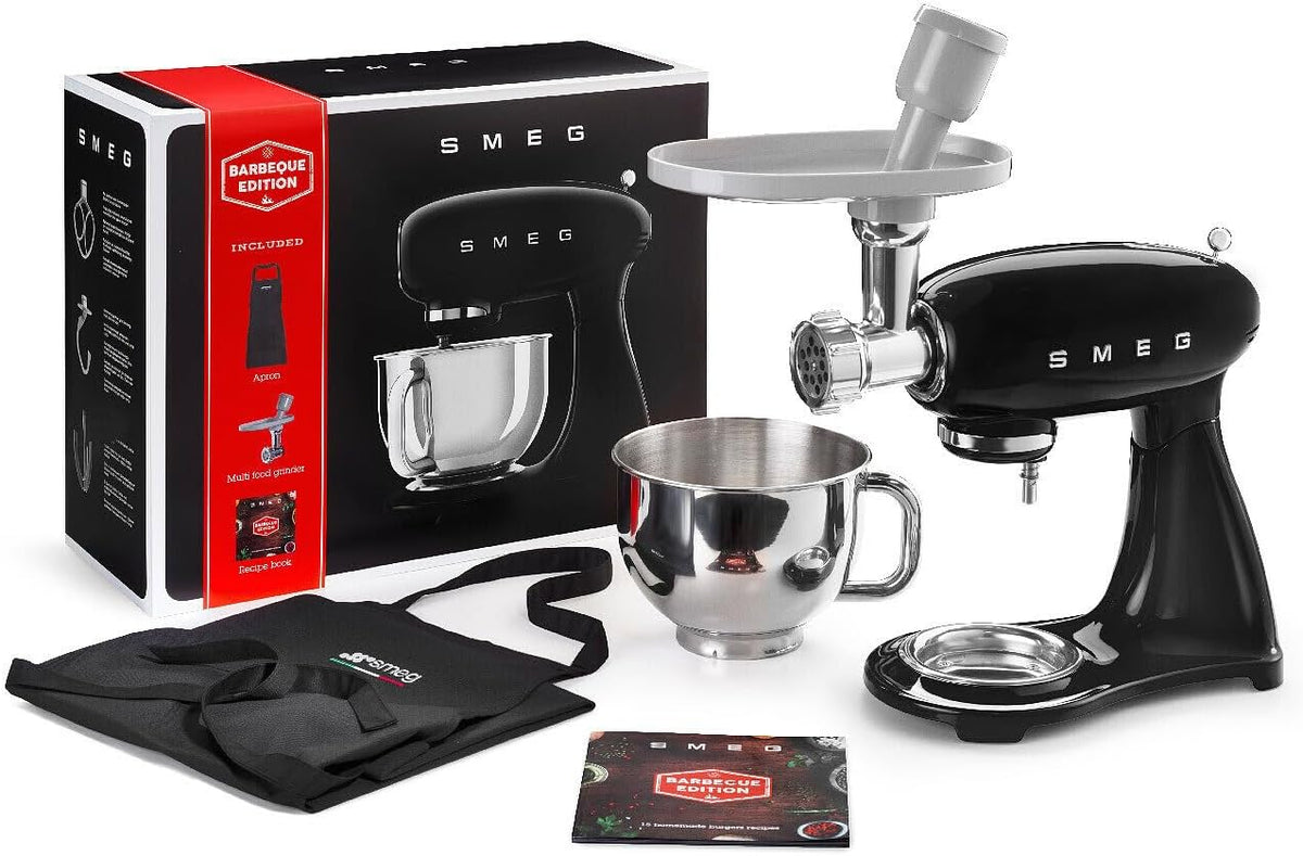 Smeg Küchenmaschinen Rührgeräte & Mixer, Schwarz/Silber, Planetenmixer SMF23BLEU Barbecue Edition mit Fleischwolf
