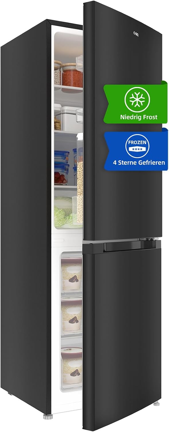CHIQ Kühl-Gefrierkombination, 144 cm, 47 cm, 157 L, 109 L, Schwarz, Kühlschrank mit Gefrierfach, leise, Low-frost