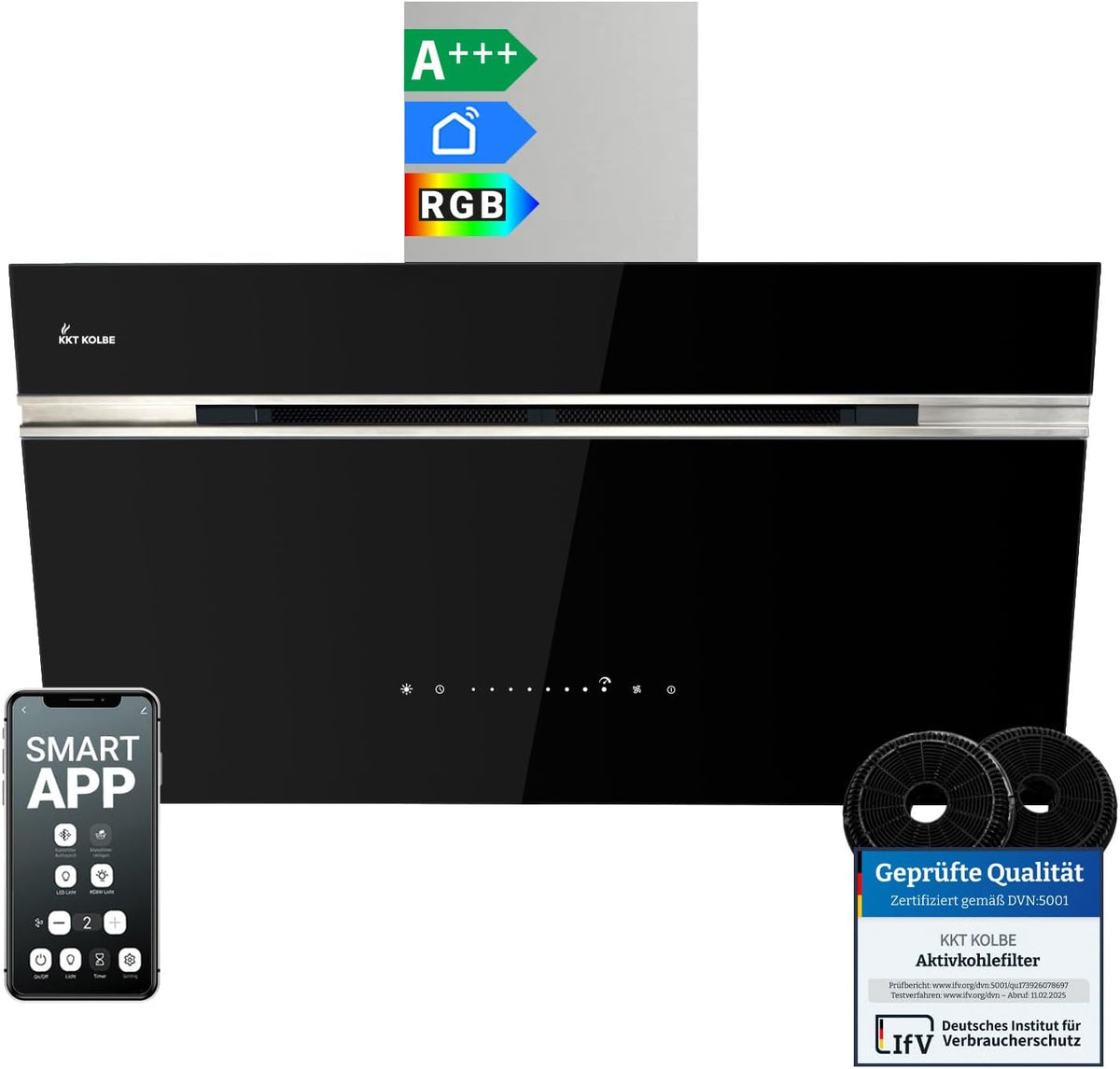 KKT Dunstabzugshaube, 90 cm, Schwarz/Silber, KOLBE Wandhaube AURORA9005SE, kopffrei