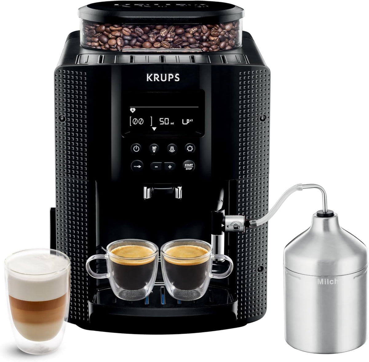 KRUPS Kaffeevollautomat, Schwarz, Essential mit Milchschlauch, 2-Tassen-Funktion, LCD-Display, Einfache Reinigung