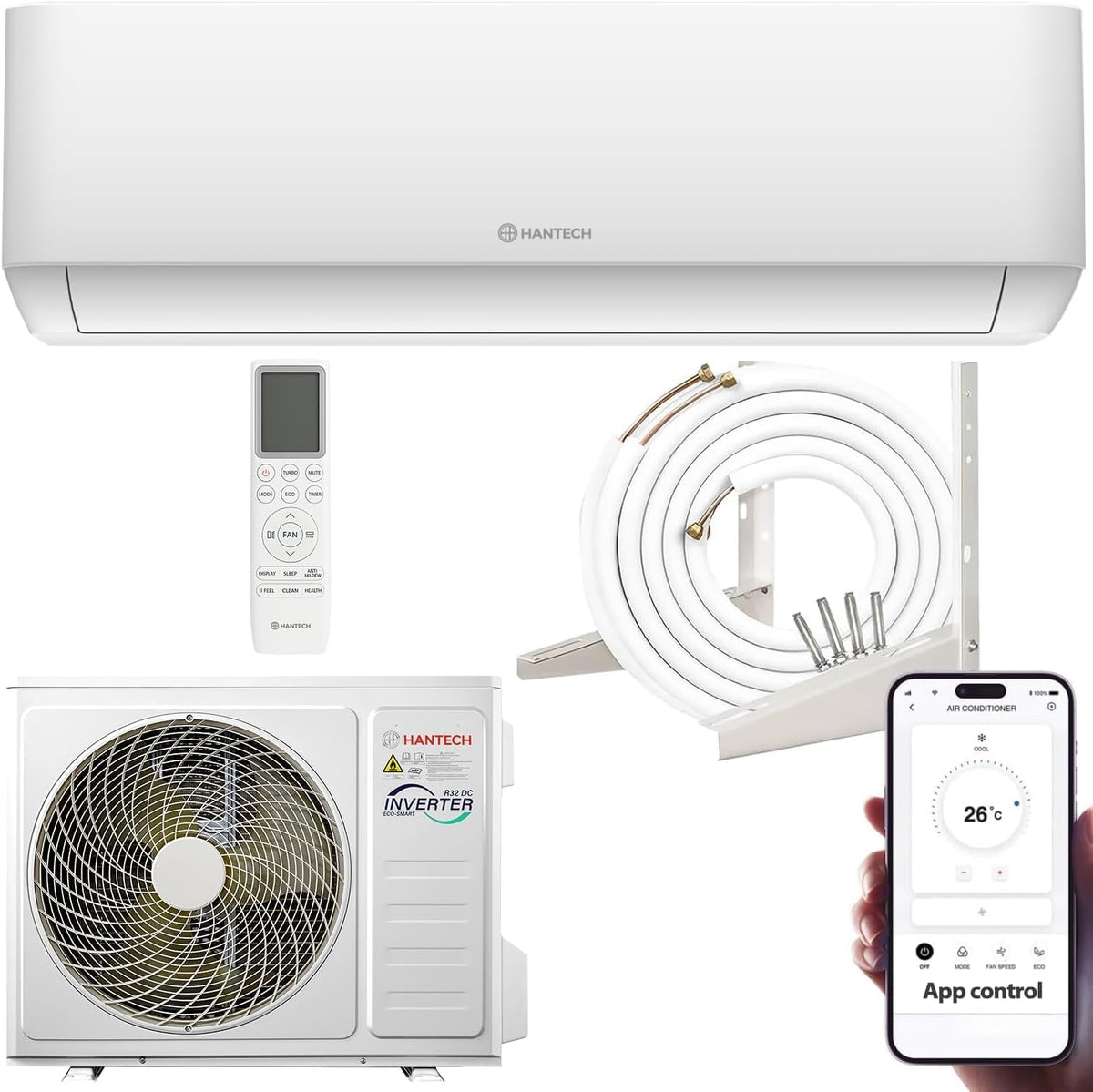 HANTECH Split-Klimaanlage, 35m, weiß, Split Klimaanlage 9000 BTU (bis ²) H-PRO Heiz-&Kühlfunktion, Luftfilter, WIFI