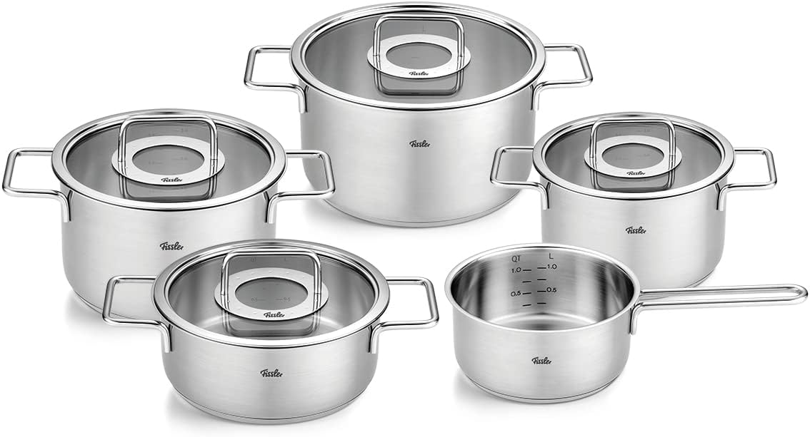 Fissler Original-Profi Collection/Edelstahl-Kochtopfset, 5-teilig, Töpfe mit Metall-Deckel (3 Kochtöpfe,1 Bratentopf 1 Stielkasserolle-deckellos)