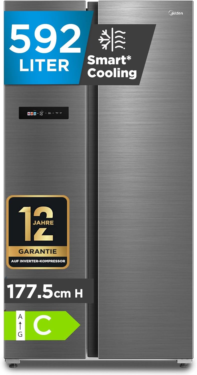 Midea Side-by-Side-Kühlschrank, 177,5 cm, 592 L, 37 dB, Silber, MDRS791MIC46 Side-by-Side Kühlschrank mit No-Frost & WiFi