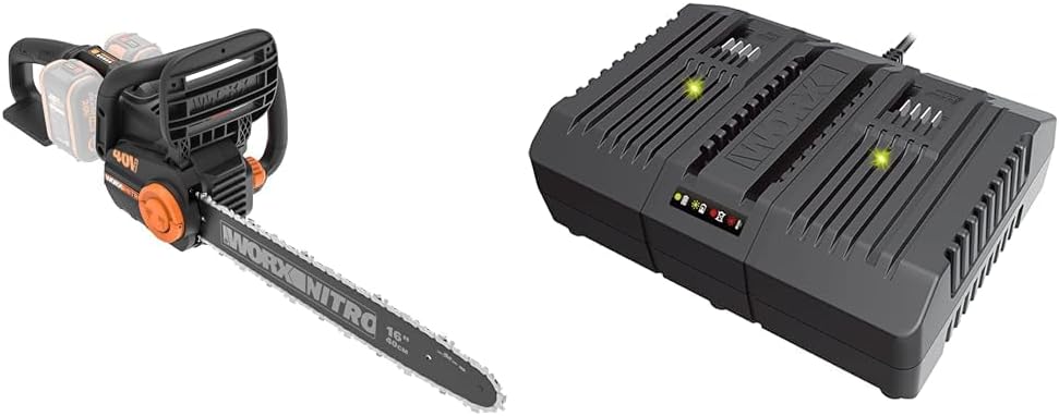 WORX Kettensäge, 40 V, 20 V, Schwarz/Orange, WG385E.9 NITRO Akku (2x ) - Bürstenloser Motor & WA3883