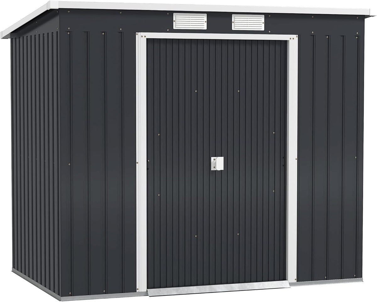 Outsunny Gerätehaus, 213 x 130 x 172 cm, 2,42 m, Dunkelgrau, Metall ², Geräteschuppen mit Pultdach Abschließbarer Doppelschiebetür