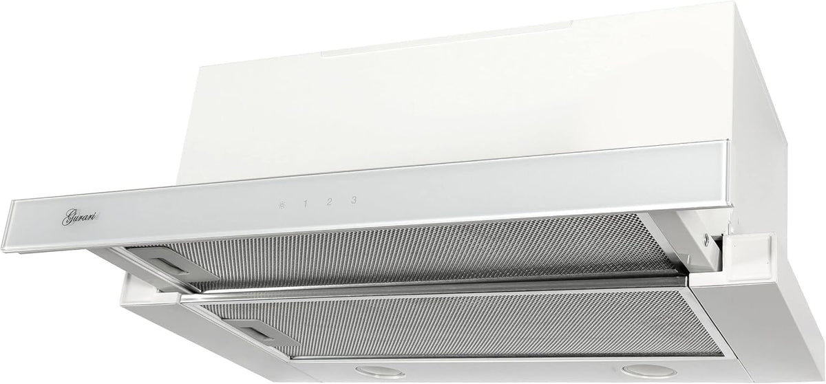 GURARI Dunstabzugshaube, 117 WH, 60 cm, 1000m, Weiß, Flachschirmhaube GCH B PRIME + Kohlefilter, Einbau, Glas, Sehr Saugstark