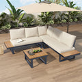 Sofa Mrwoo, Cremefarben/Blau/Holz, Gartenlounge Set mit Beistelltisch 3-Sitzer, Terrassenmöbel Außen mit Couchtisch