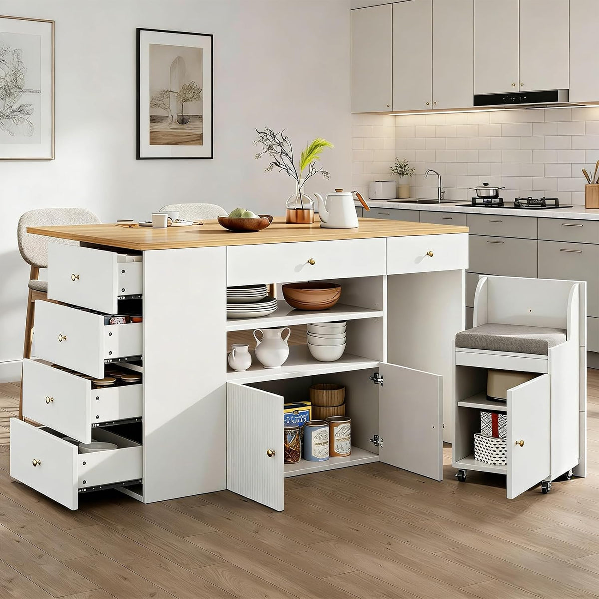 DRIXNO Bewegliche Kücheninseln, Weiß/Holz, Kücheninsel mit Arbeitsplatte, Stabil Schrank, Barhockern mit Rollen