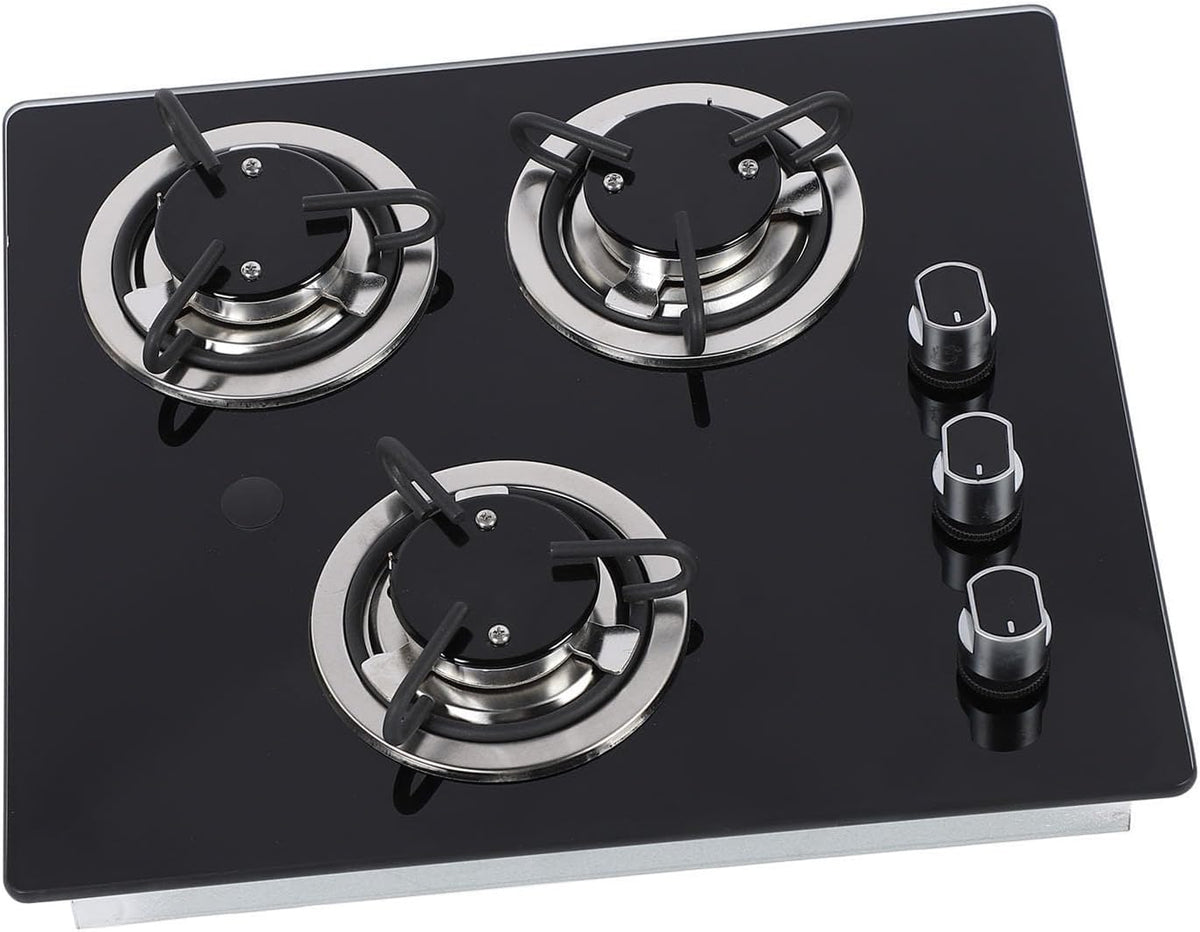 MasYosh Gasherd, 1,8 KW, Schwarz/Silber, Wohnmobil-Gaskochfeld, 3 Brenner, LPG- mit Elektronischer Impulszündung