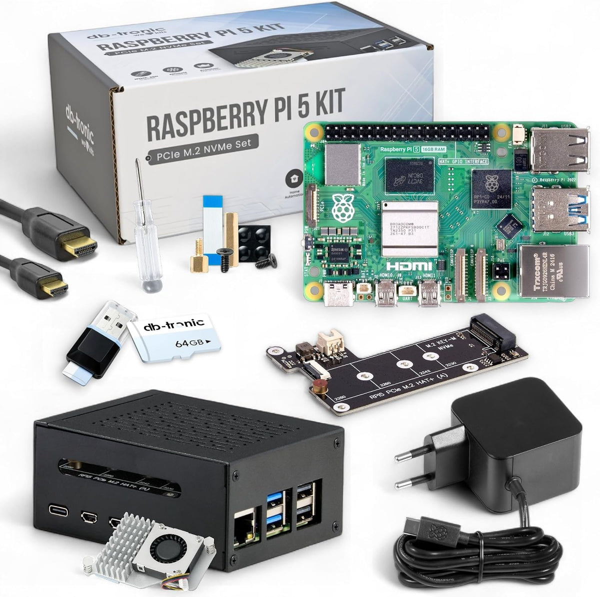 db-tronic Monitor, 27 W, Schwarz/Grün/Silber, Raspberry Pi 5 16GB PCIe M.2 NVMe - Set, 64GB Edition, Metallgehäuse