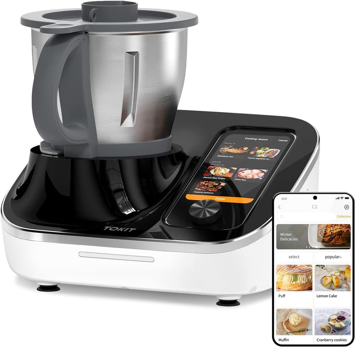 TOKIT Universalküchenmaschinen, Schwarz/Silber, C2 AI Omni Cook Robot All-in-1 Küchenmaschinen mit 21, Zerkleinern