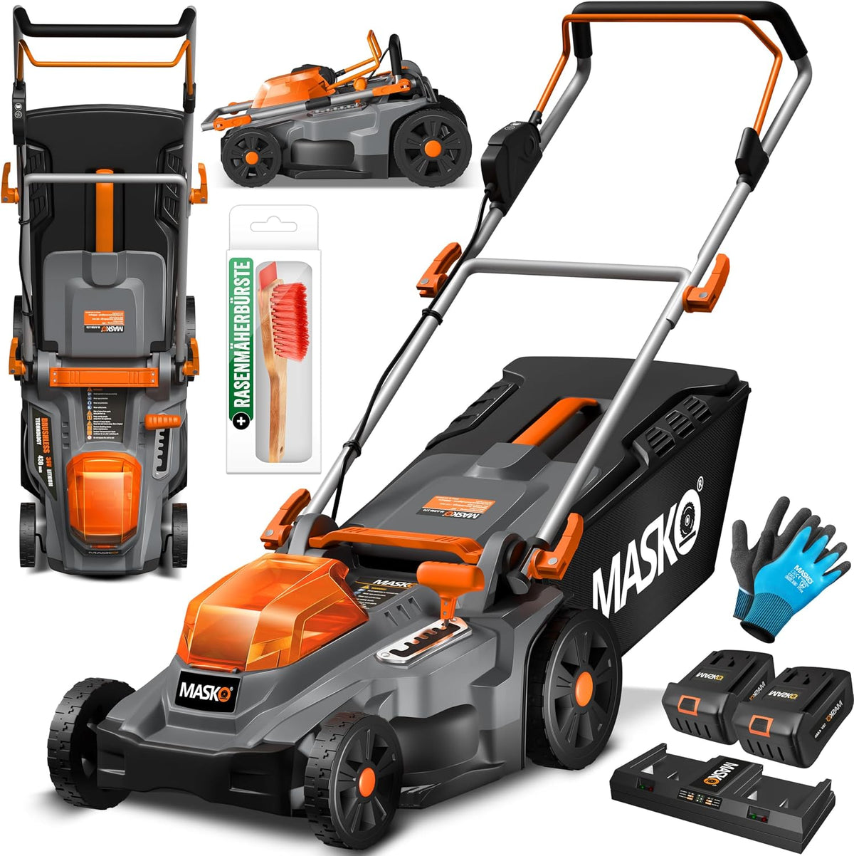 MASKO Rasentrimmer, 43 cm, 650m, 4 Ah, 55 L, schwarz/orange/silber, ® Akku Rasenmäher mit Mulchfunktion