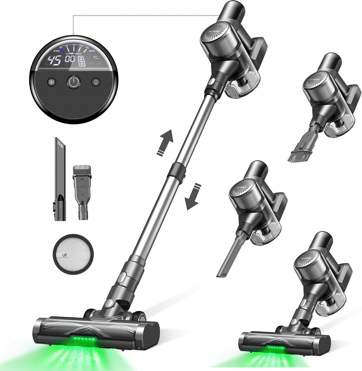 Ultenic Staubsauger, Schwarz/Silber, U12 Vesla Akku 45000Pa, Tech Green Eye™, Verbesserte Anti-Tangle-Bürste, Kabellos mit Automatikmodus