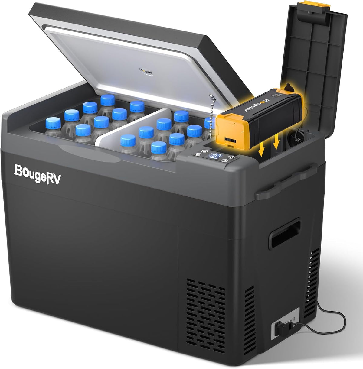 BougeRV Kühlschrank, 29 Liter, 277 Wh, 240 V, 12v, Schwarz/Grau, CRPRO Kompressor Kühlbox mit Akku, Auto-Kühlbox(-22℃~10℃)