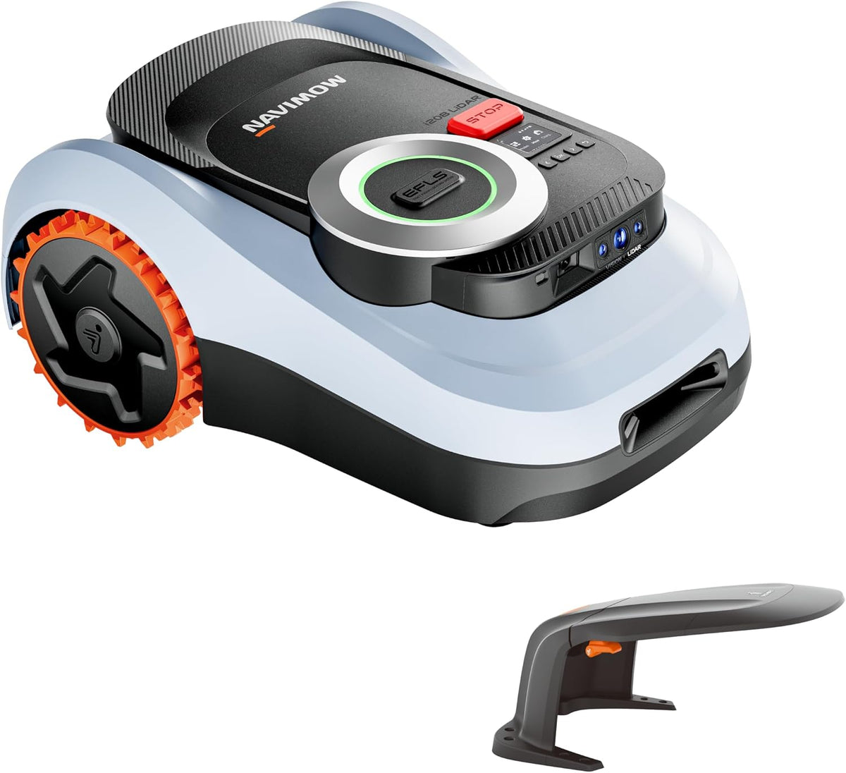 NAVIMOW Mähroboter, 800 m, Schwarz/Weiß/Orange, i208 LiDAR ohne Begrenzungskabel für ² mit Garage M, Geländereifen für Hänge bis 45% Neigung