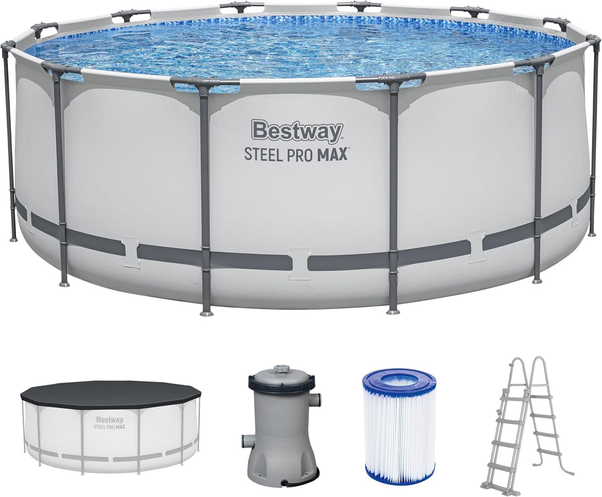 Bestway Stahlrahmenpool, 366 x 122 cm, Wasserkapazität (90%): 10.250 Liter, einfacher Aufbau ohne Werkzeug, Innenverkleidung in Kieselmosaik-Optik