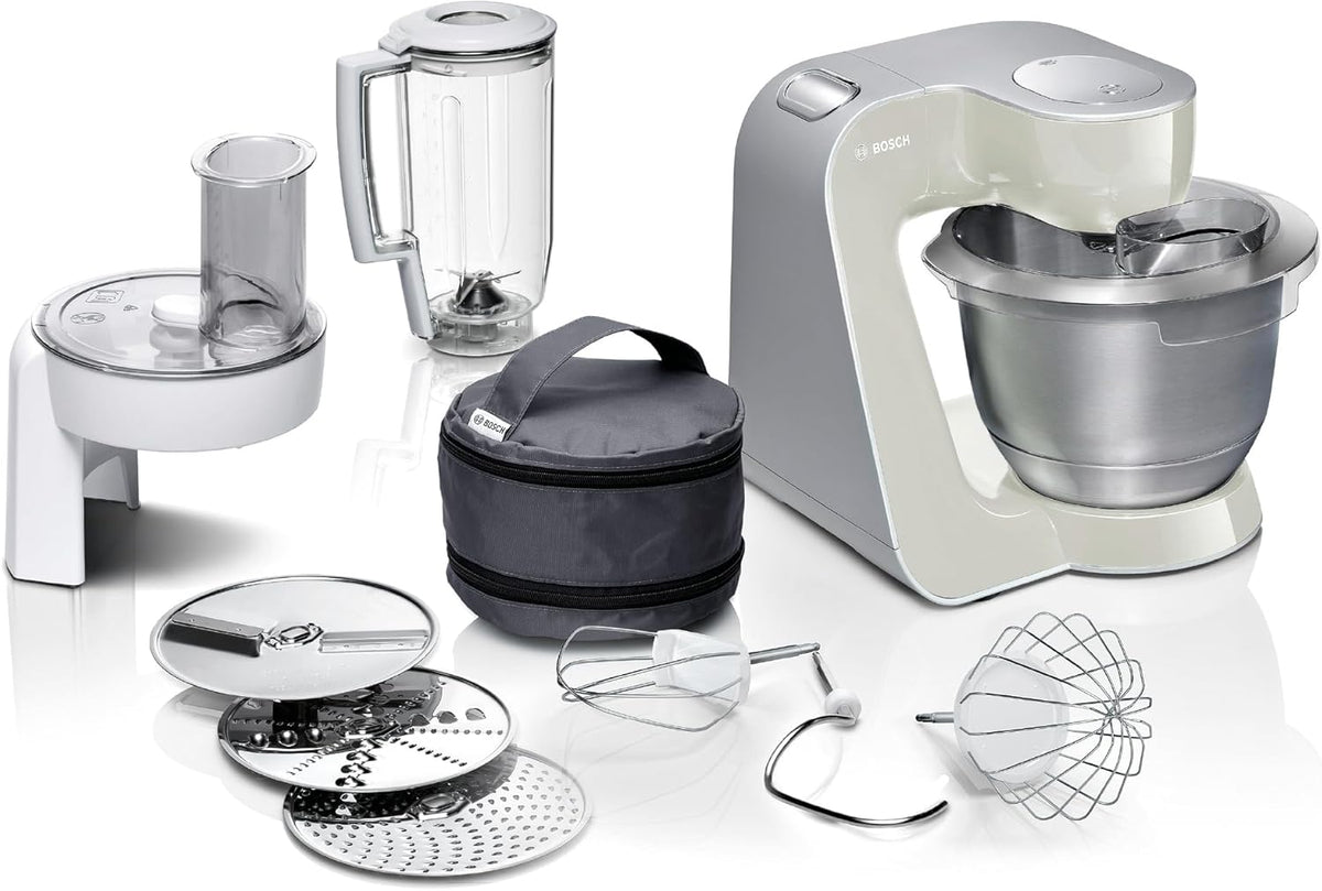 Bosch Heißluftfritteuse, 1,25 L, 1000 W, 3,9 L, Grau/Weiß/Silber, Küchenmaschine Serie 4, Edelstahl-Schüssel, Knethaken