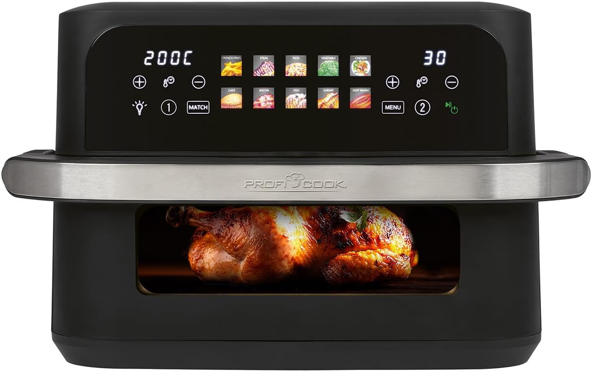 Profi Cook Heissluftfritteuse, 2400 W, 10 L, Schwarz/Silber, ® XXL Heißluftfritteuse, Öl und Fettfrei, buntes Touch-Display