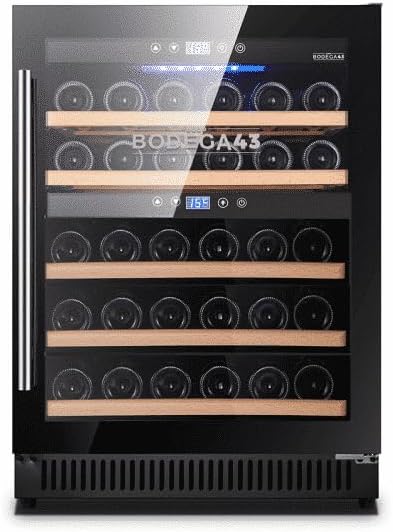 BODEGA43 Weinkühlschrank, 130 Liter, 46 dB, Schwarz, 40 Einbau - Freistehend Weinklimaschrank mit 2 Zonen, 5-20 ºC