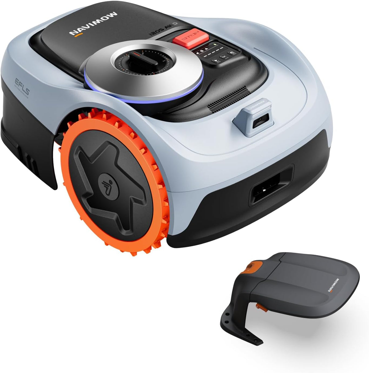 NAVIMOW Mähroboter, 500 m, Blau/Orange/Schwarz, i205 AWD ohne Begrenzungskabel mit Garage S, Allradantrieb für Steigungen bis zu 45%