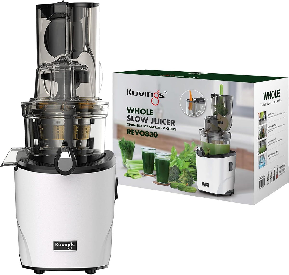 kuvings Mastizier-Entsafter mit einer Schnecke, Weiß/Schwarz, REVO830, Slow Juicer, Doppelte Einfüllöffnung, automatisches Schneidesystem