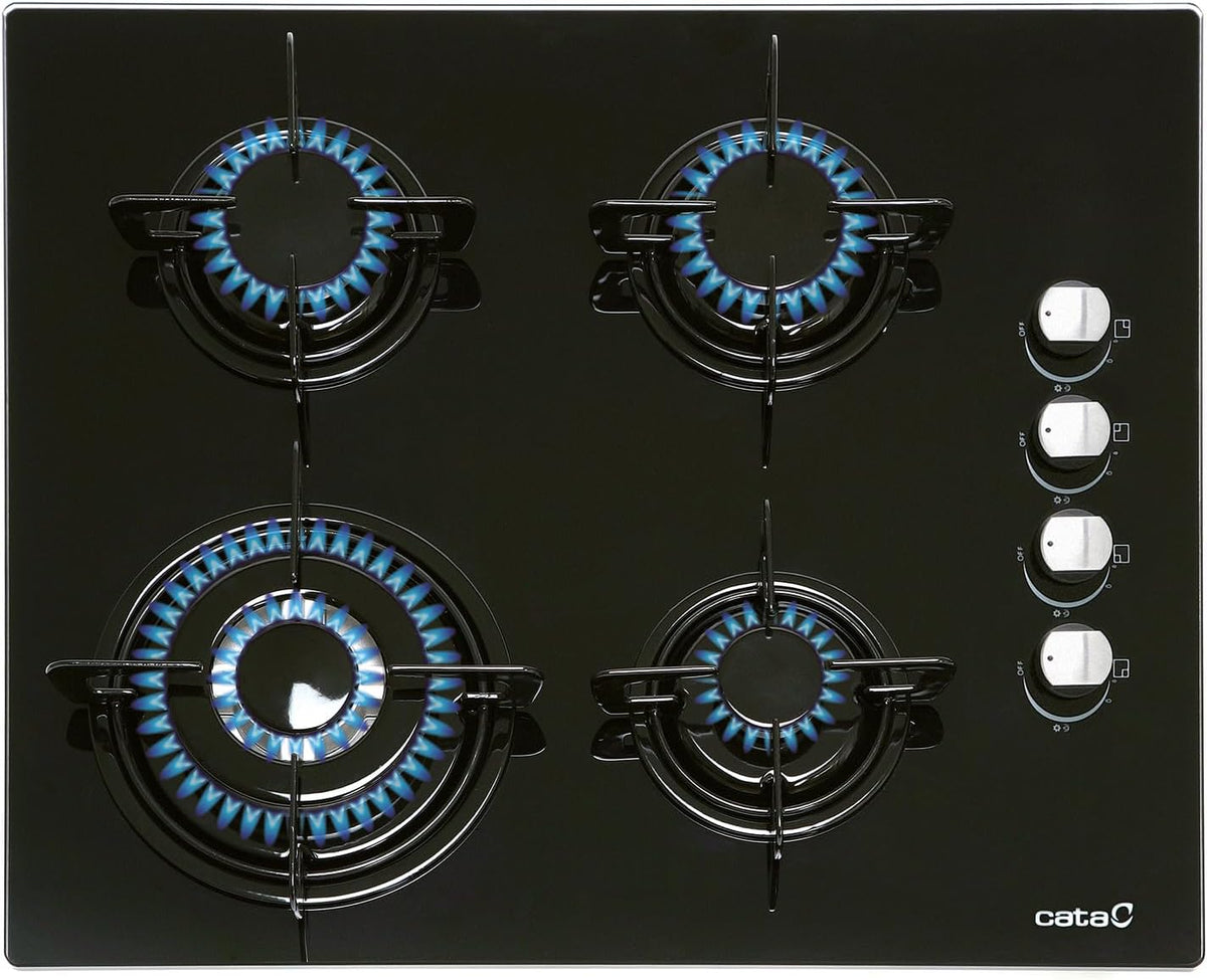 CATA Gasherd, 3,5 kW, 59 cm, Schwarz, Gaskochfeld CIB 6031 BK, Glas-, 4 Kochzonen, Dreifach-Kronenbrenner, Sicherheitsventile