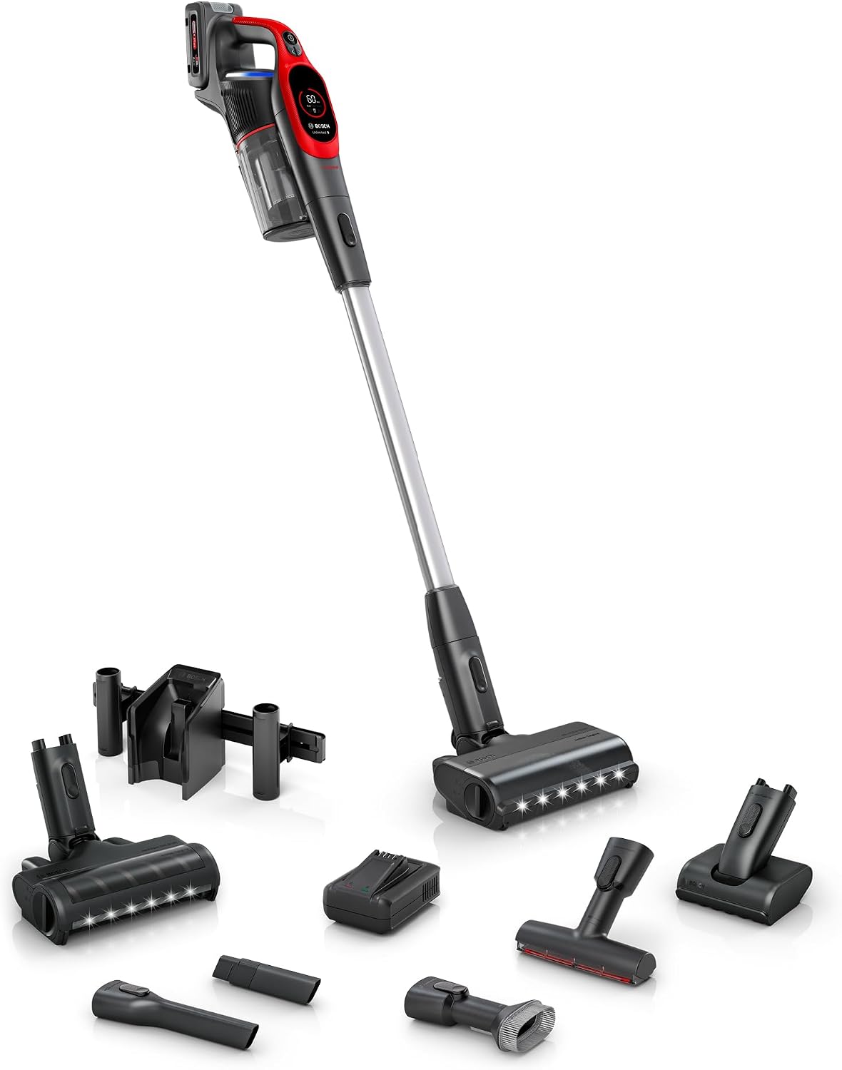 Bosch Staubsauger, 4 Ah, Rot/Schwarz, Akku- Unlimited 9 ProAnimal BKS941PET, kabellos, MicroClean Technology, Display