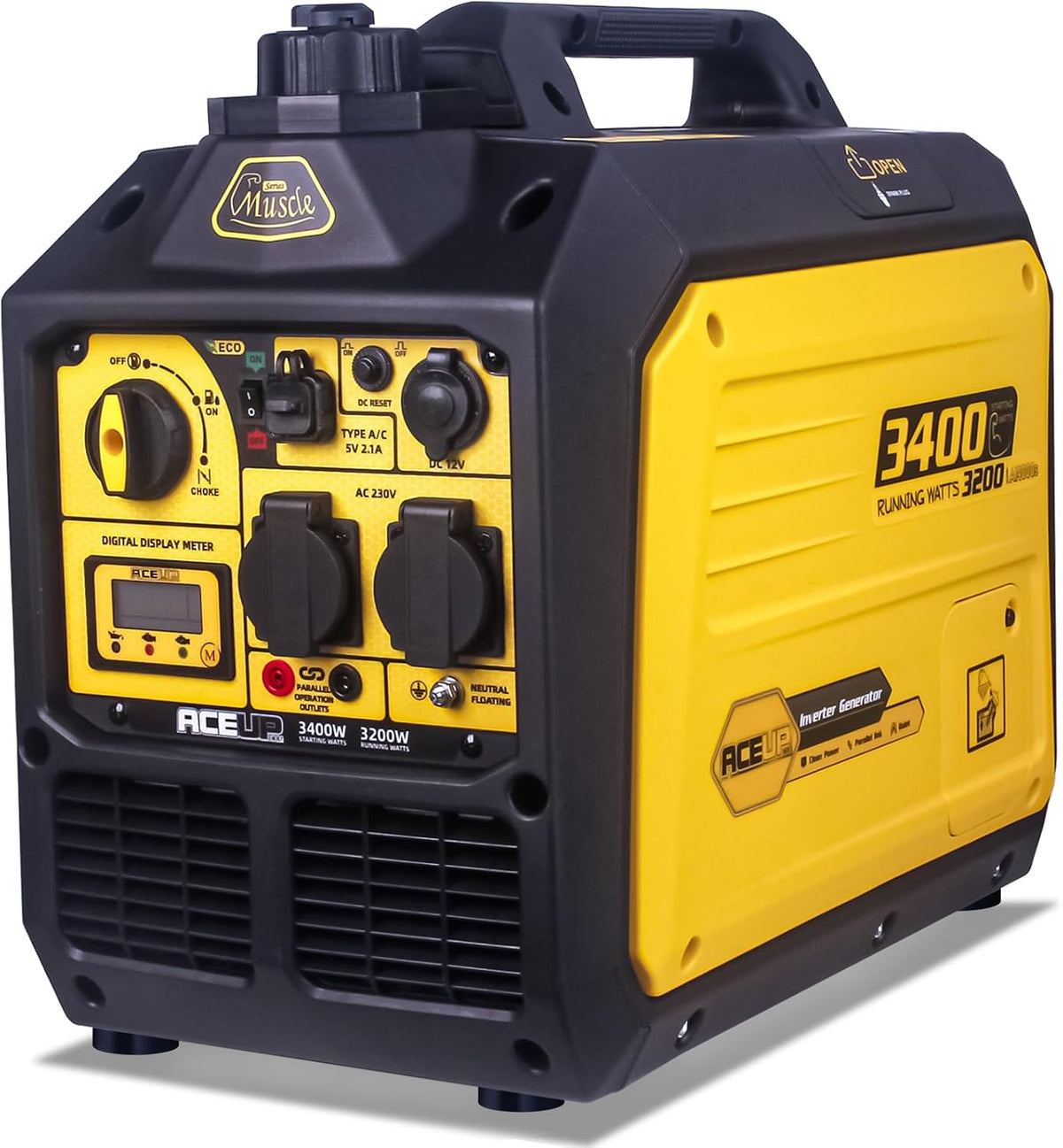 Aceup Energy Powerstation, 3400 W, Schwarz/Gelb, Inverter Stromerzeuger, Benzin Stromgenerator Notstromaggregat 4 Takt Motor