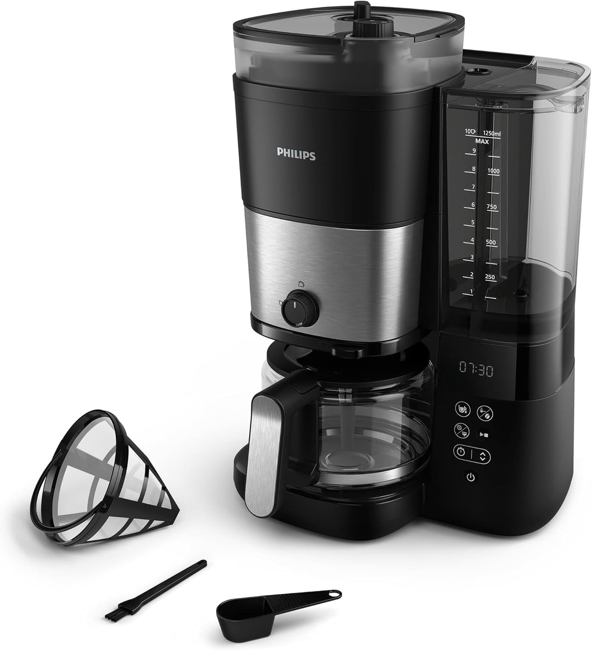 Philips Kaffeemaschine, Schwarz/Silber, All-in-1 Filter - integriertes Kegelmahlwerk für frisch, 25-L-Glaskanne