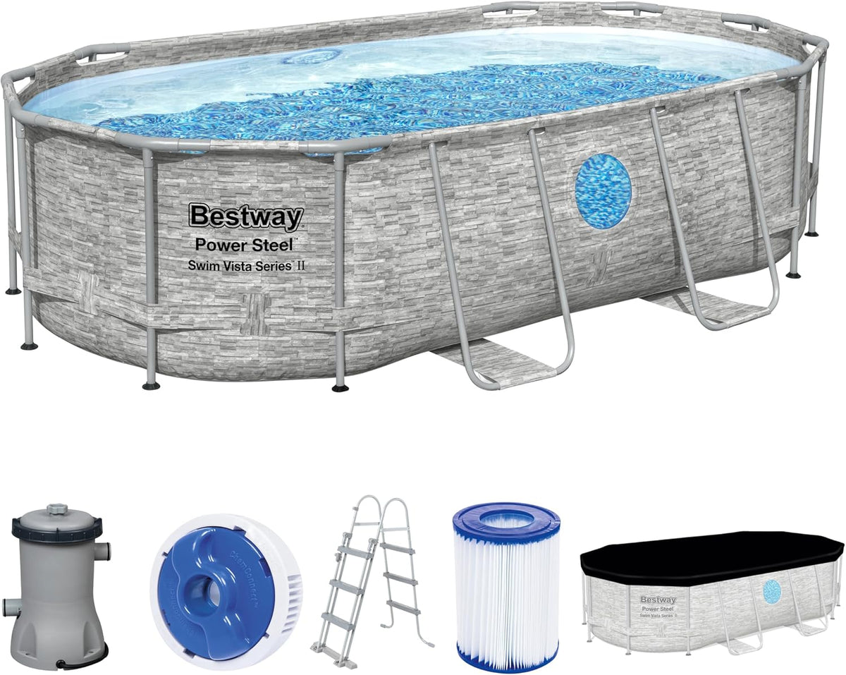 Bestway Stahlrahmenpool, 427 x 250 x 100 cm, Grau/Blau, Power Steel Swim Vista Series Frame Pool Komplett-Set