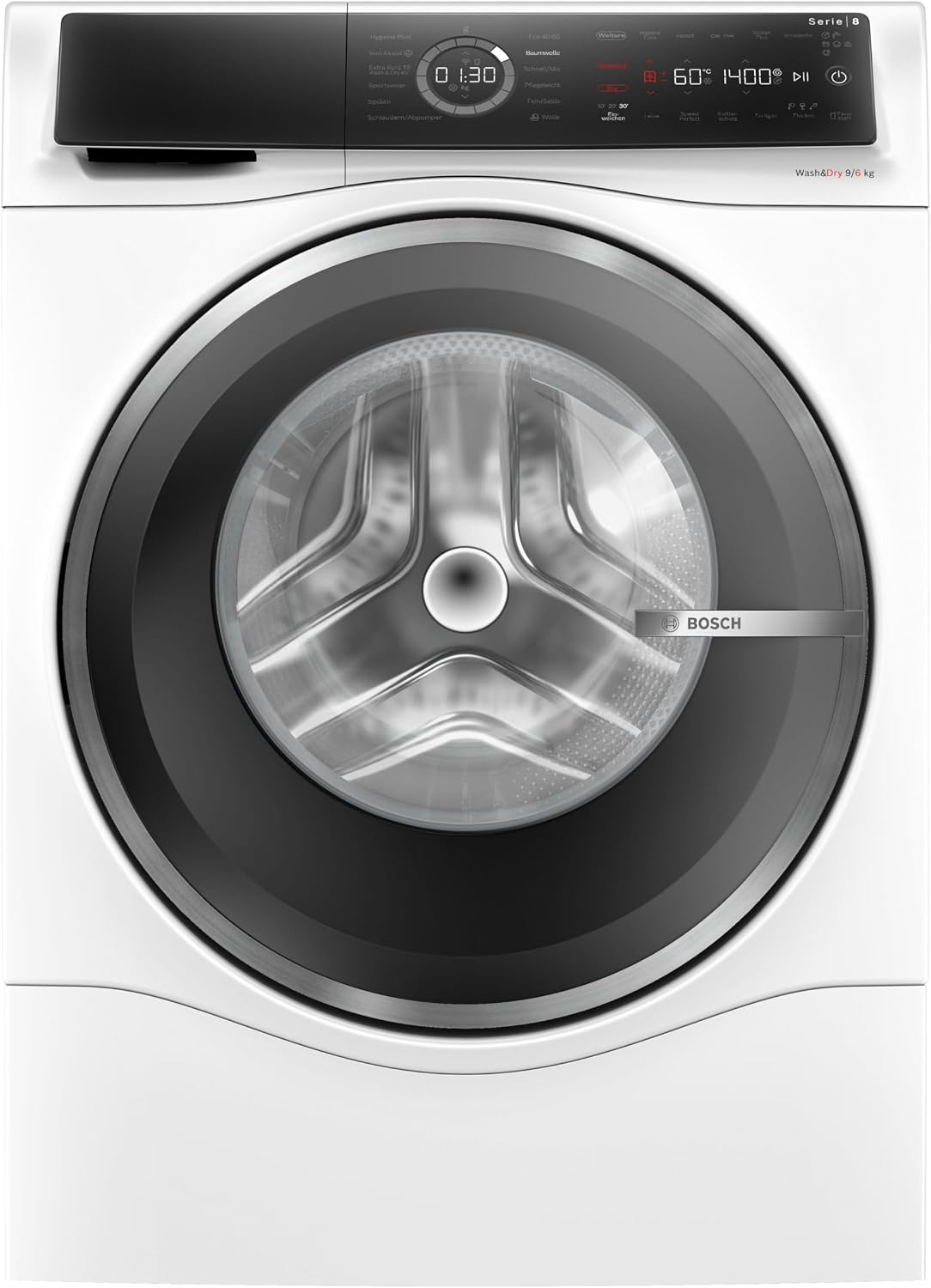 Bosch Waschtrockner, 9 kg, 6 kg, Weiß/Schwarz, WNC244070, Serie 8, waschen und trocknen, 1400 UpM, Fleckenautomatik