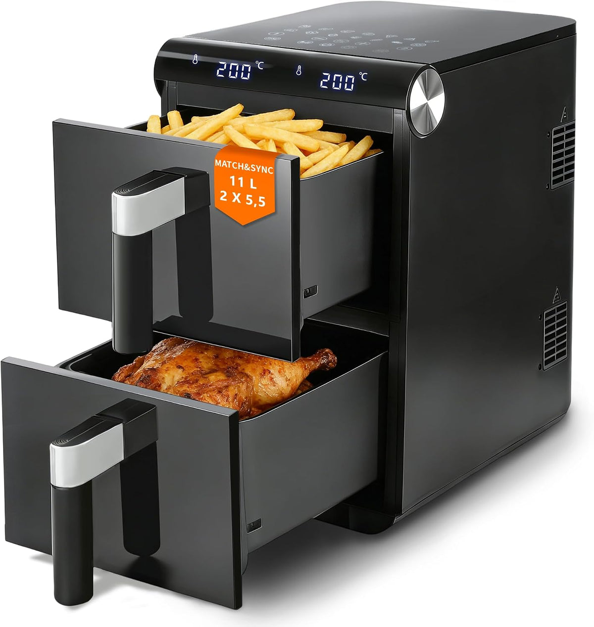 Citybee Heissluftfritteuse, 2800 W, 11 L, Schwarz, XXL Heißluftfritteuse 2 Kammern, Dual-Zone Doppelkammer Turm-Airfryer mit SYNC/MATCH