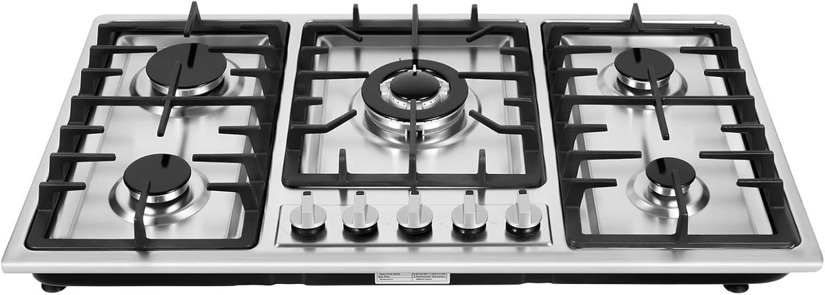 TCICOP Gasherd, Silber/Schwarz, Gaskochfeld 5 Flammig Natural Gas Stove, Gas Kochplatte Propan mit Flammenschutzvorrichtung