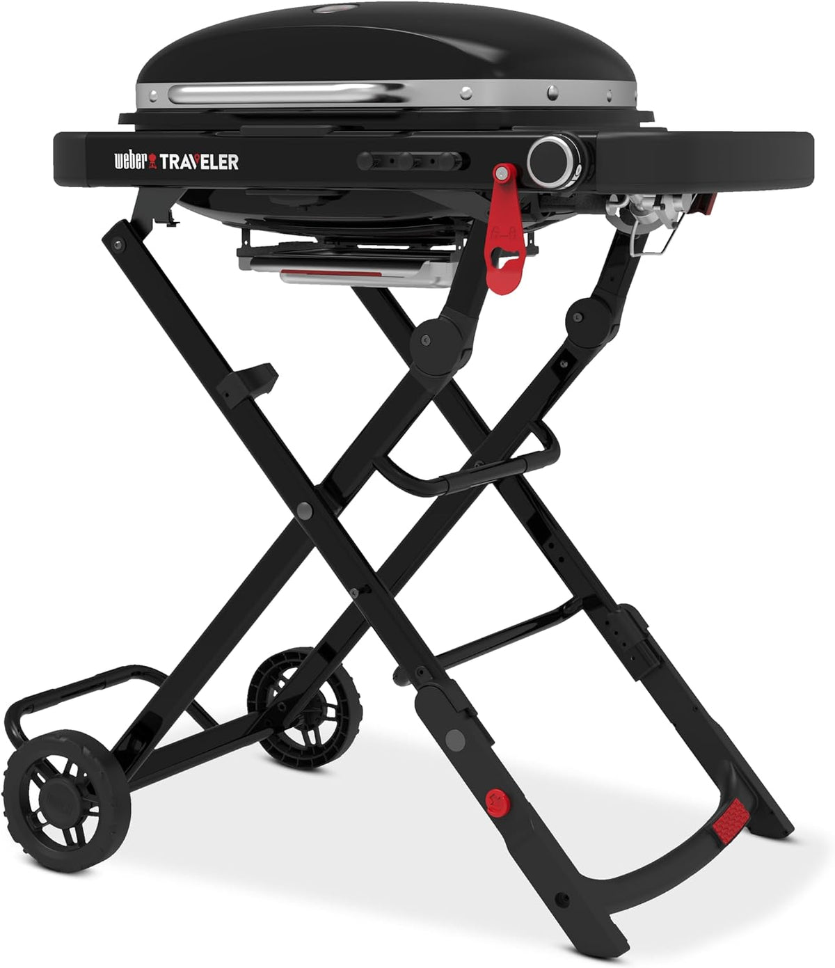 Weber Gasgrill, 52 x 36 cm, 81 cm, Schwarz, Traveler Compact /Tragbares klappbares Design mit Rädern, 1 Brenner