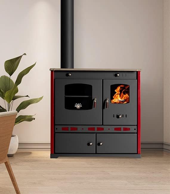 Prometey Kaminofen, 7 kW, Schwarz/Rot, EEK A+ mit Backfach und Herdplatte Perfect Eco Lux Schwarz