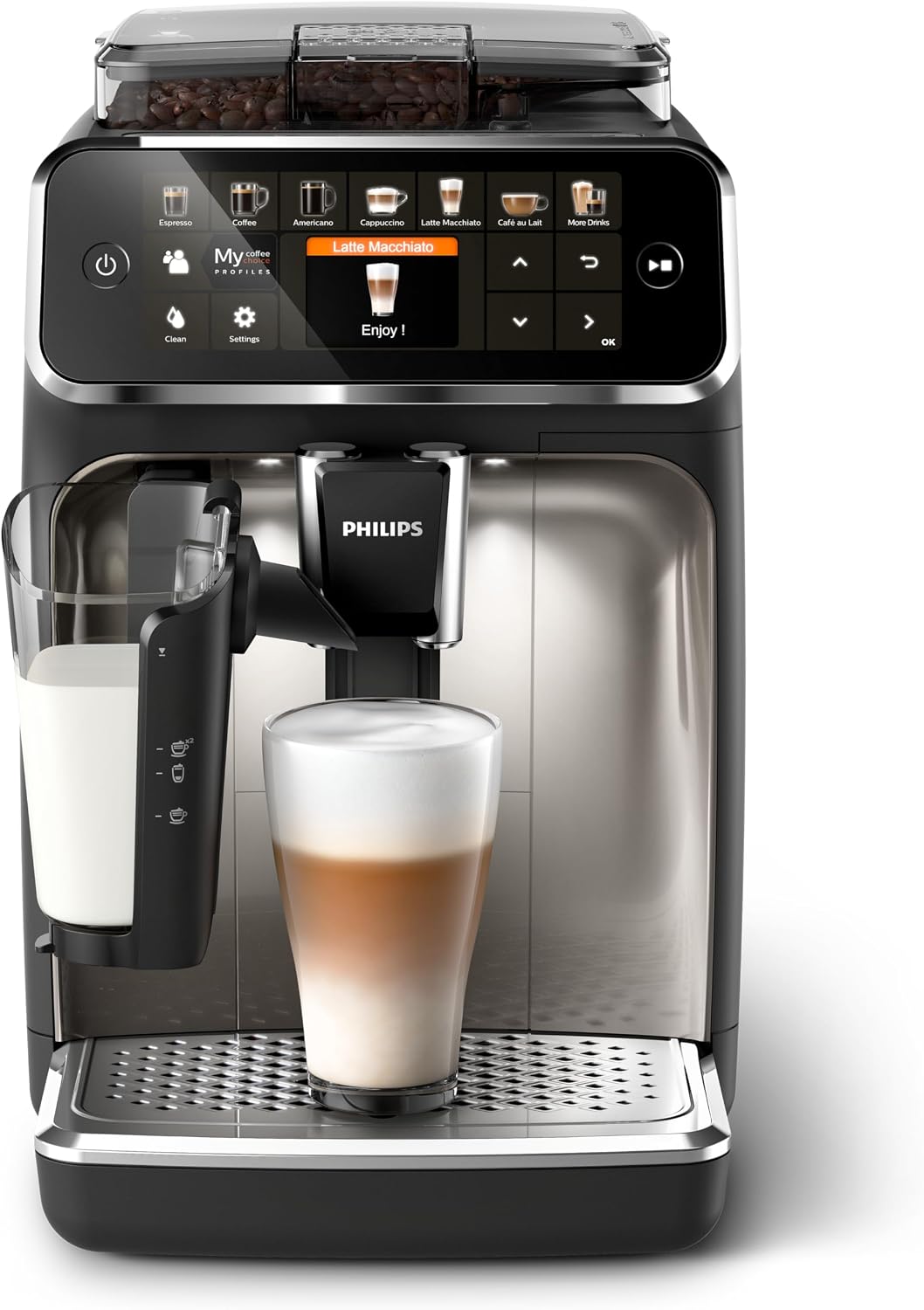 Philips Kaffeevollautomat, Schwarz/Silber, Serie 5400 - LatteGo, 12 Getränke, Milchaufschäumer, Touchscreen, 4 Profile