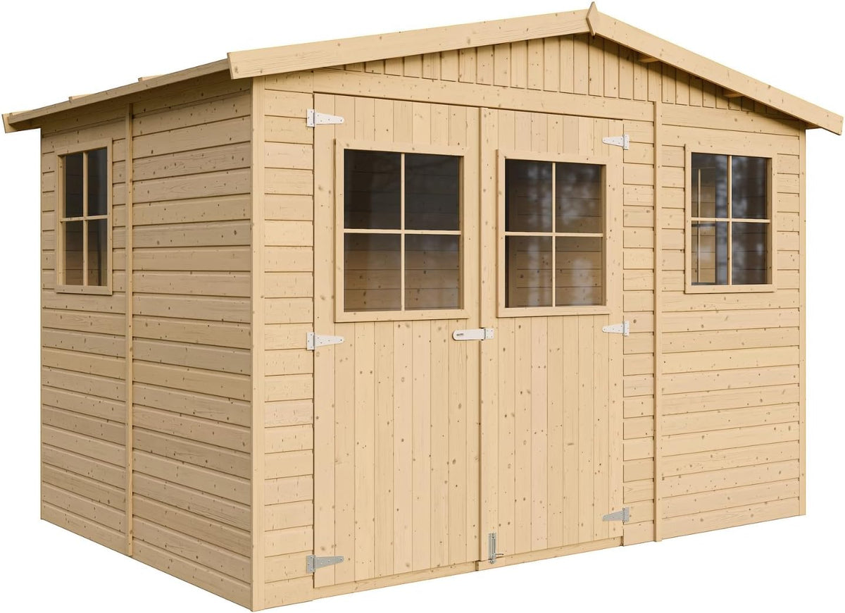 Gerätehaus TIMBELA, 318x220 cm, Beige, M334 Blockbohlen Gartenhaus aus Holz - Kiefer / Fichte