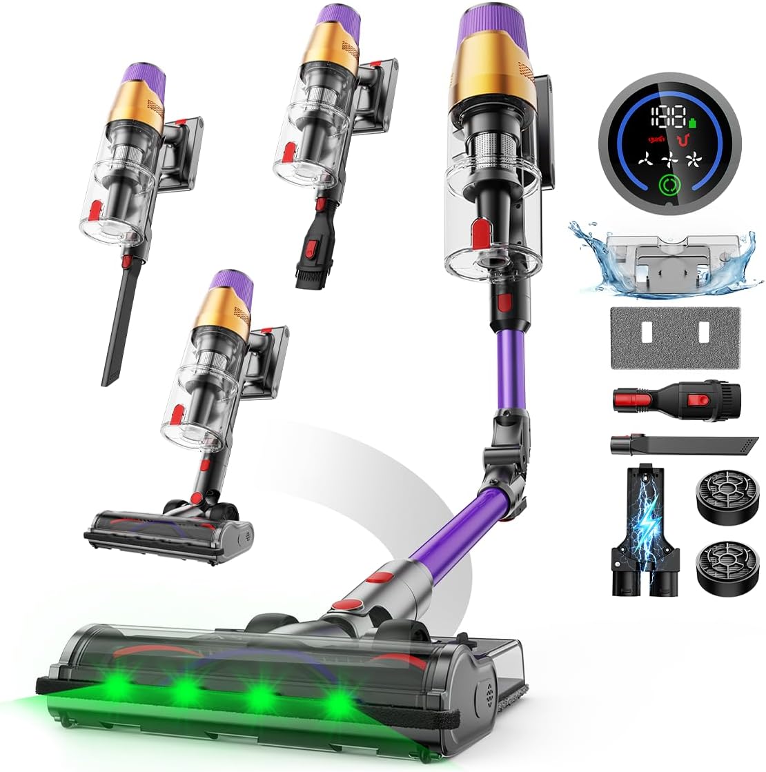 Linkifly Staubsauger, 550 W, 1,5 L, Lila/Schwarz, A12 Akku mit Wischfunktion, 8-in-1 48Kpa 70Min Faltbarer Kabellos mit Touchscreen