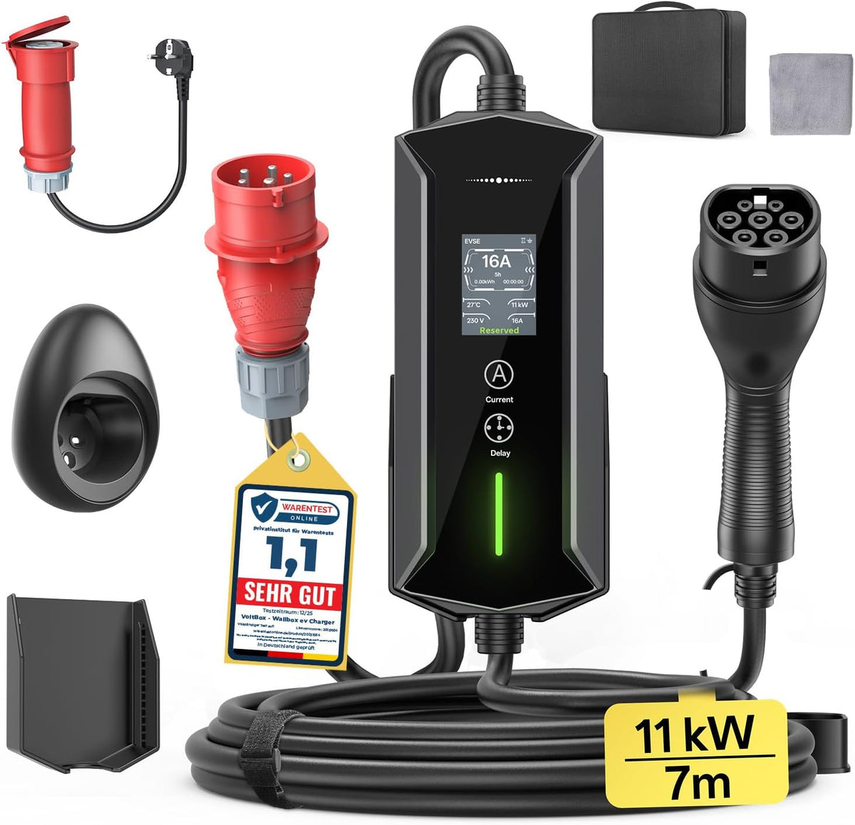 VoltBox Ladestationen, 11 kW, 7m, Schwarz/Rot, Mobile Wallbox Typ 2 Ladekabel -, 6-16A, 3-phasig EV Ladegerät Wasserdicht mit Einstellbarer