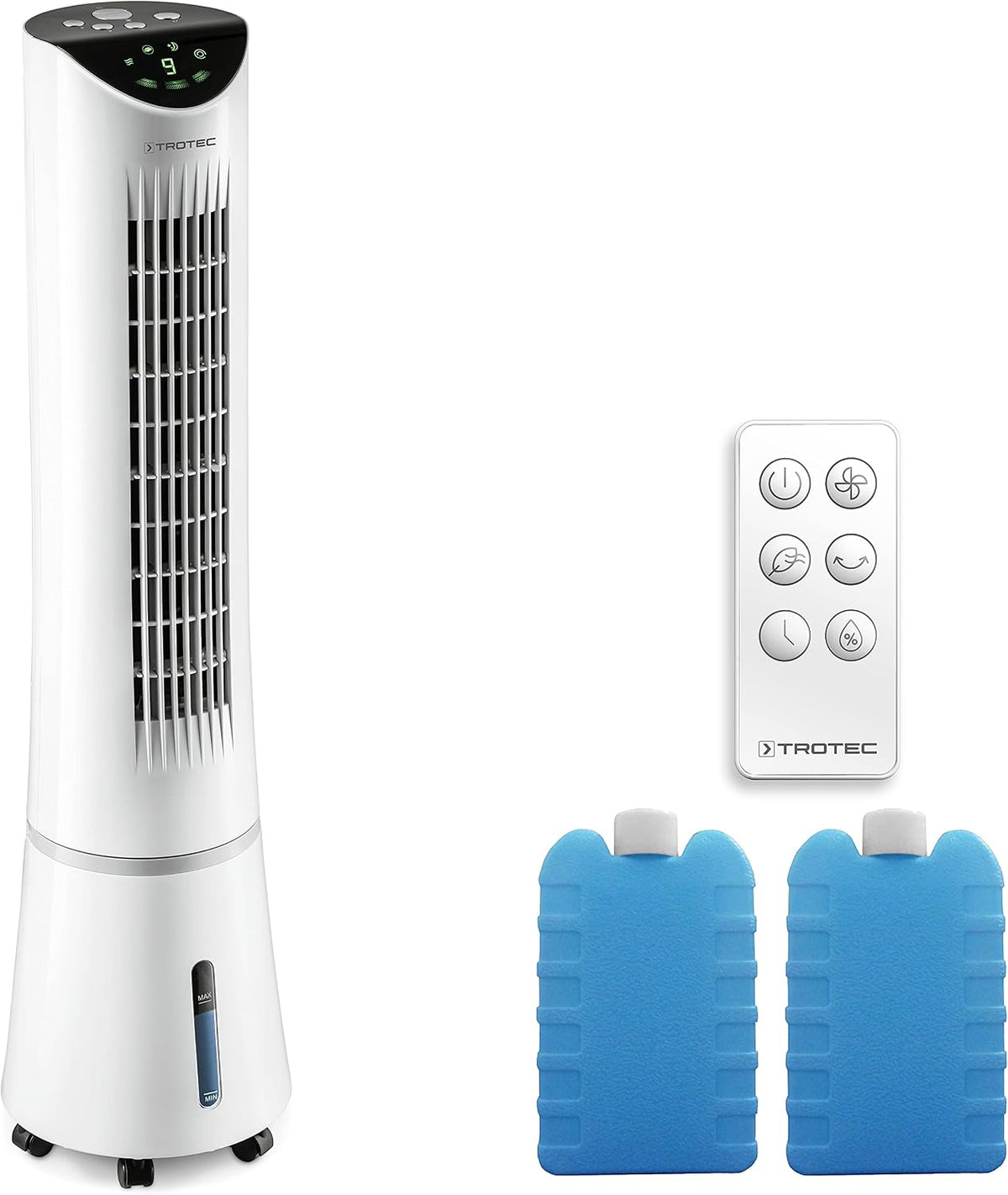 TROTEC Turmventilator, Weiß/Blau, PAE 29 3-in-1-Luftkühler in Turmform für Kühlung, Belüftung und Luftbefeuchtung